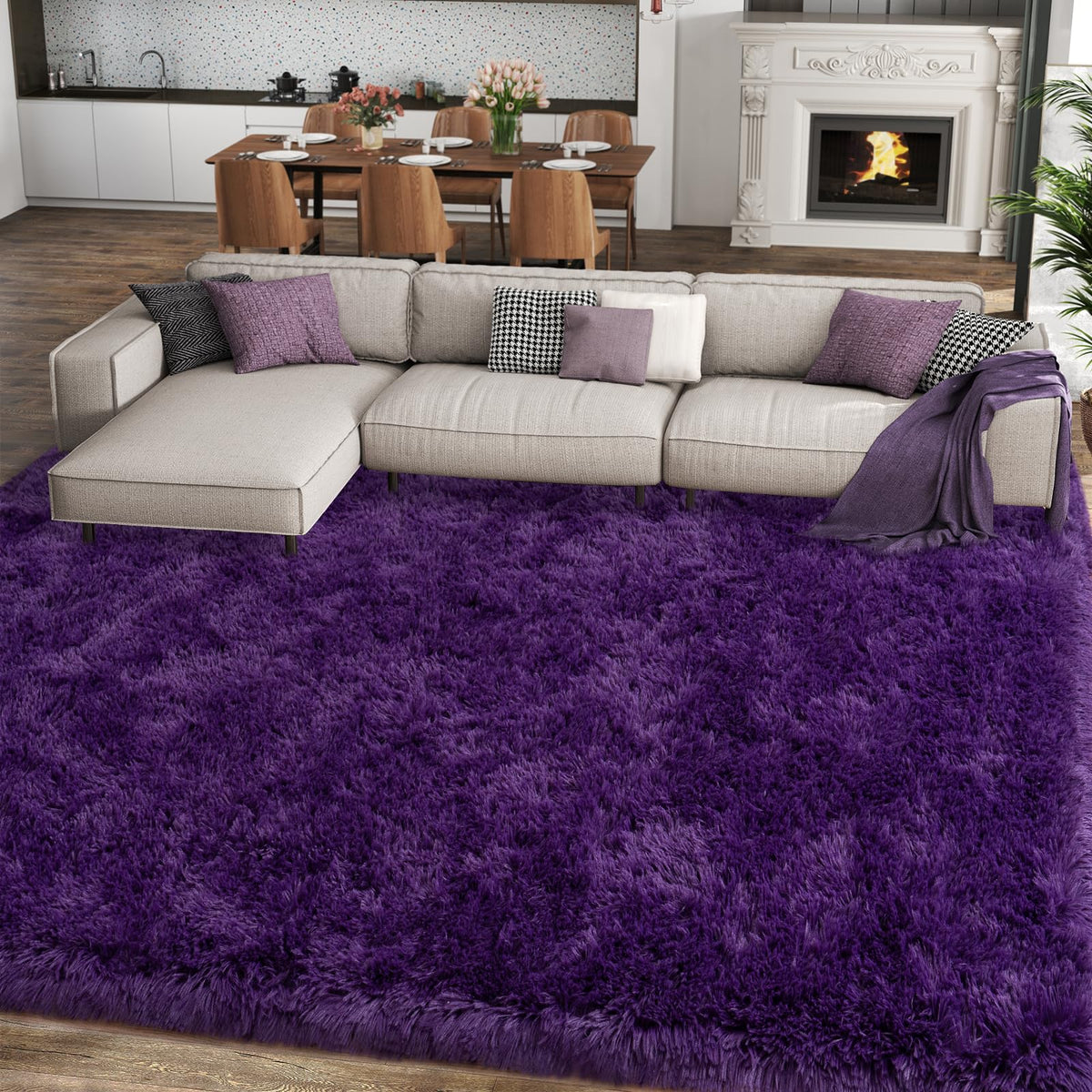 Ailyei 8x10 purple shag rug in a living room adds soft warmth