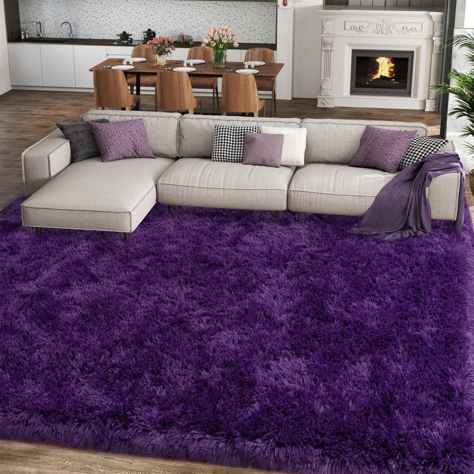 Ailyei 8x10 purple shag rug in a living room adds soft warmth