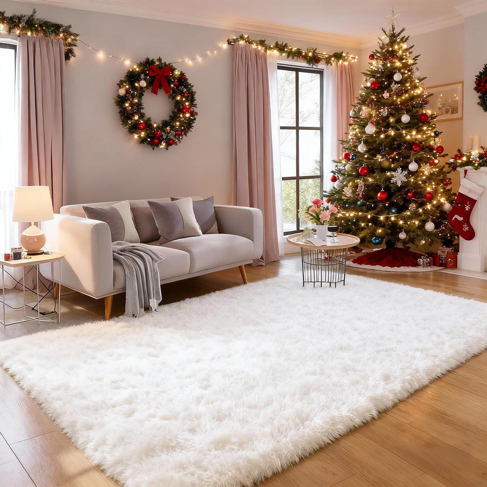 Ailyei White Shag Rug 4x6 in bedroom setup adds cozy warmth to the floor.