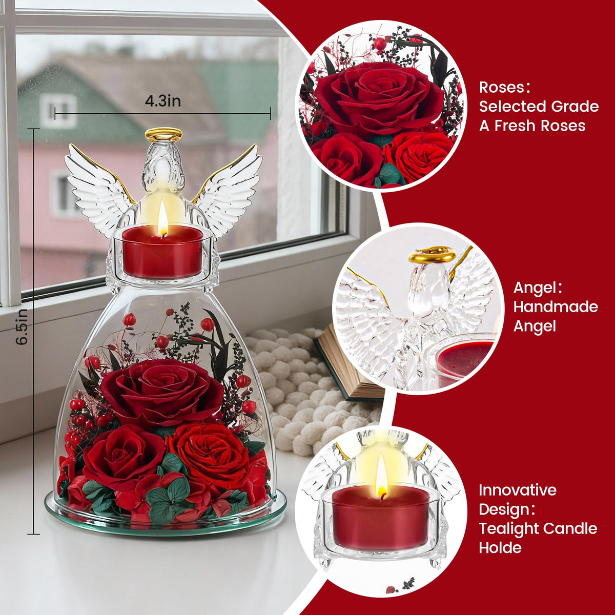 AIMEYE glass angel candle holder cradles a tea candle for warm evenings.