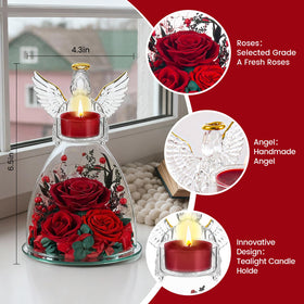 AIMEYE glass angel candle holder cradles a tea candle for warm evenings.
