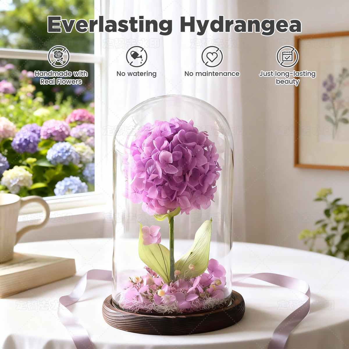AIMEYE Forever Hydrangeas on wood base add elegant desk decor.