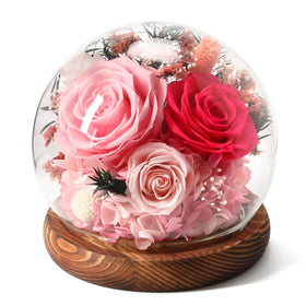 Aimeye pink preserved rose in a glass dome atop a wooden base, timeless romance.