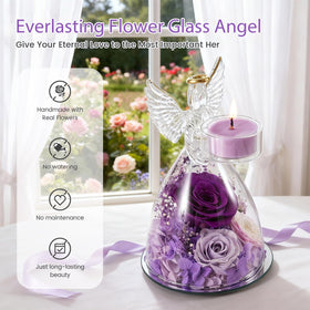 AIMEYE glass angel candlestick with a soft glow over preserved roses.