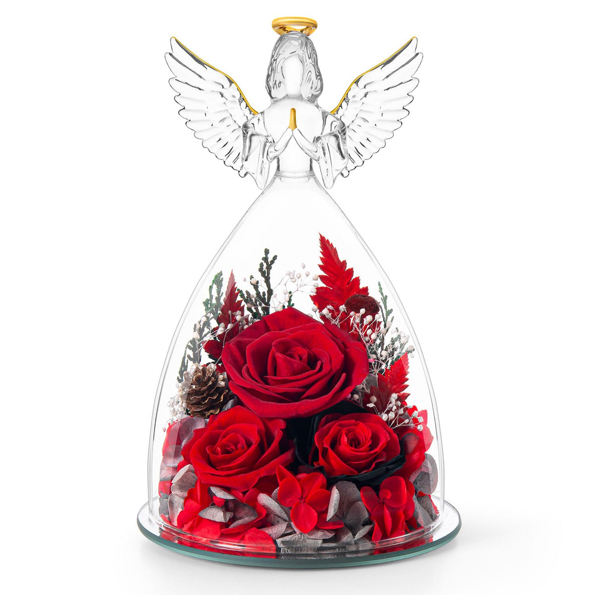 AIMEYE Mothers Day roses in a glass angel figurine, timeless keepsake centerpiece.