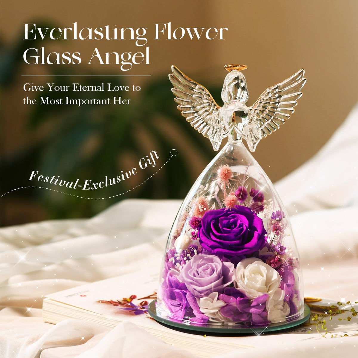 AIMEYE preserved rose in glass angel—durable keepsake perfect for gifting.