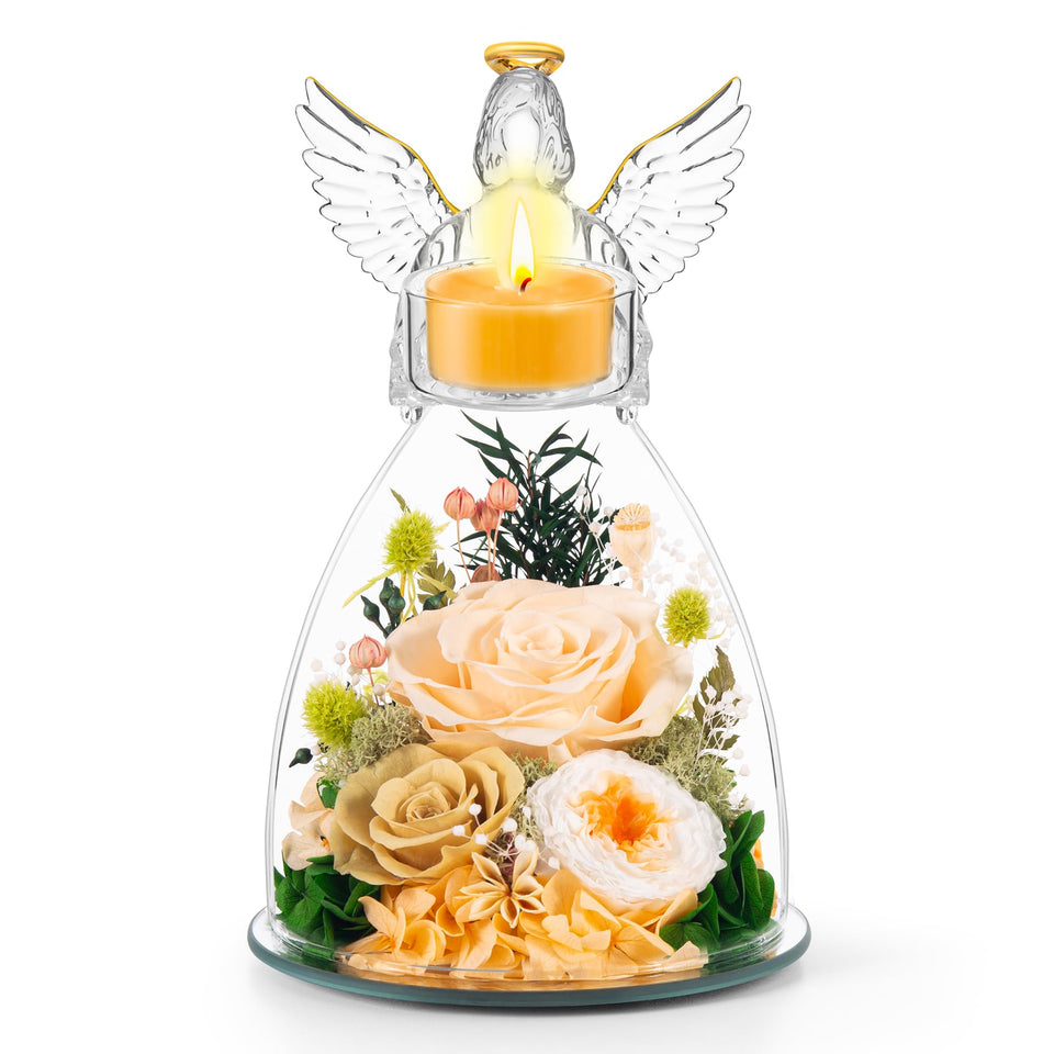 AIMEYE preserved roses in a glass angel figurine, long-lasting romantic décor.