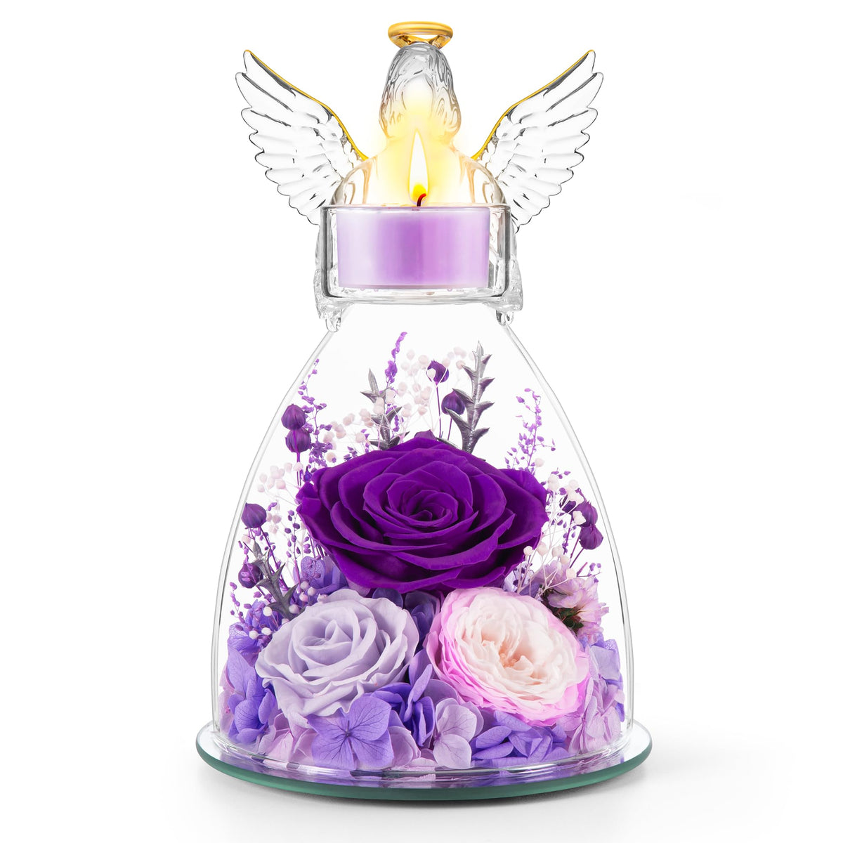 AIMEYE preserved roses inside a glass angel, a timeless decor keepsake.