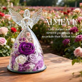 AIMEYE purple roses in glass angel decor—lasting charm for celebrations.