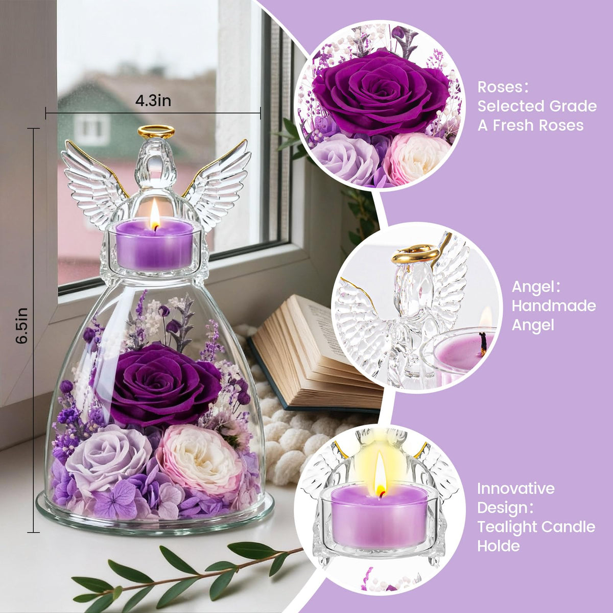 AIMEYE tealight holder highlights preserved roses with warm light.