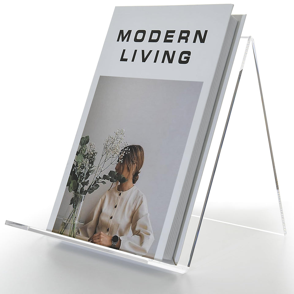 AIMOLLY clear acrylic book stand displaying a book with crisp visibility.