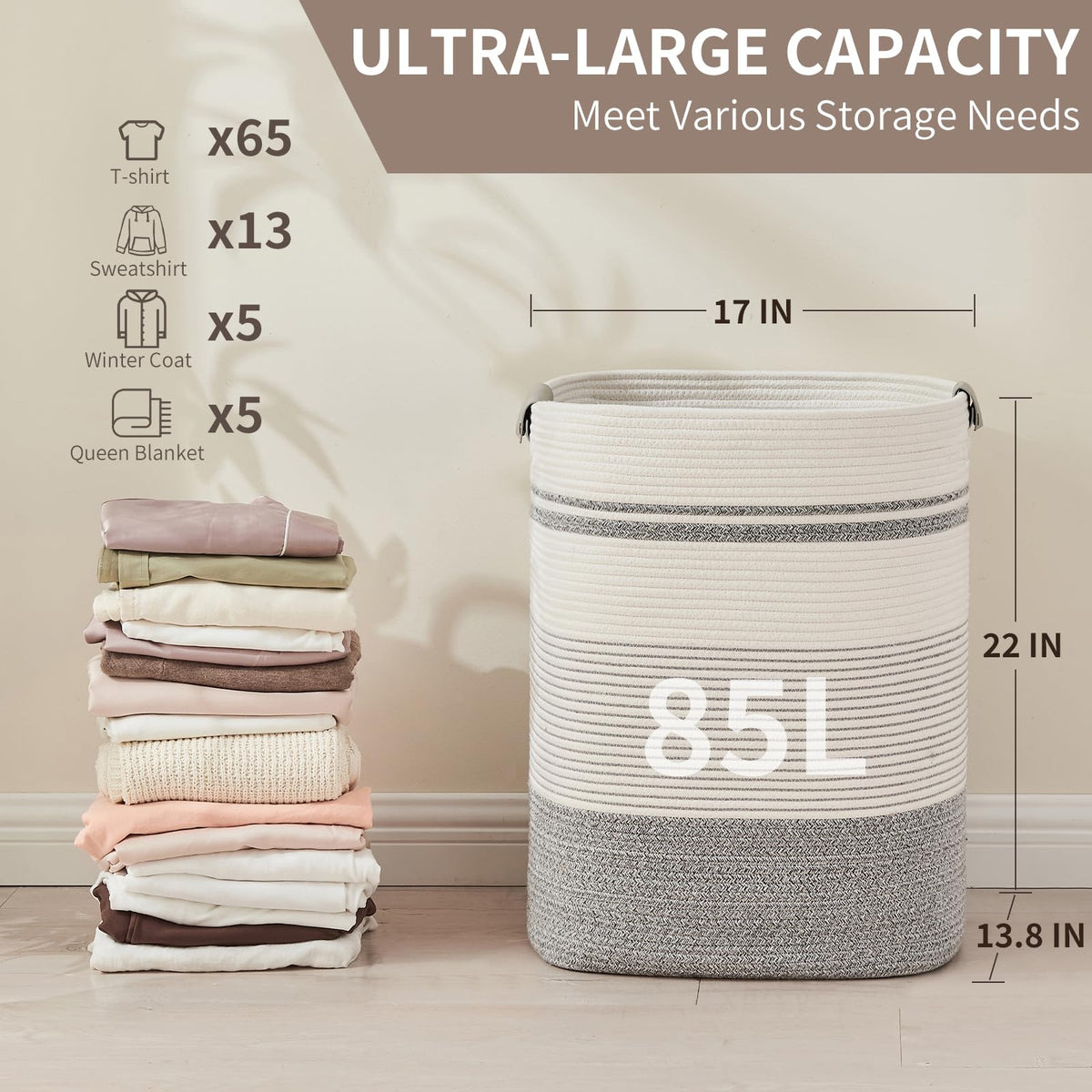 AINUOQI blanket basket in grey and white complements living room decor.
