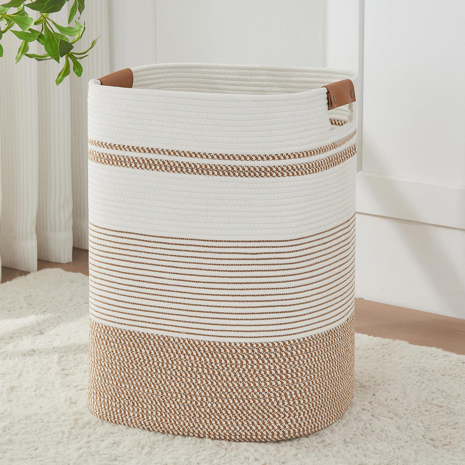 AINUOQI laundry basket with handles close-up showing soft cotton weave and sturdy grip