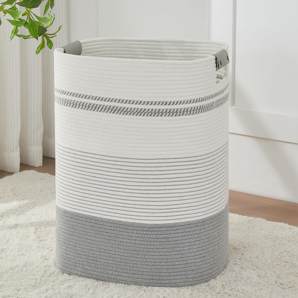 AINUOQI laundry basket with handles in grey, front view highlighting easy transport
