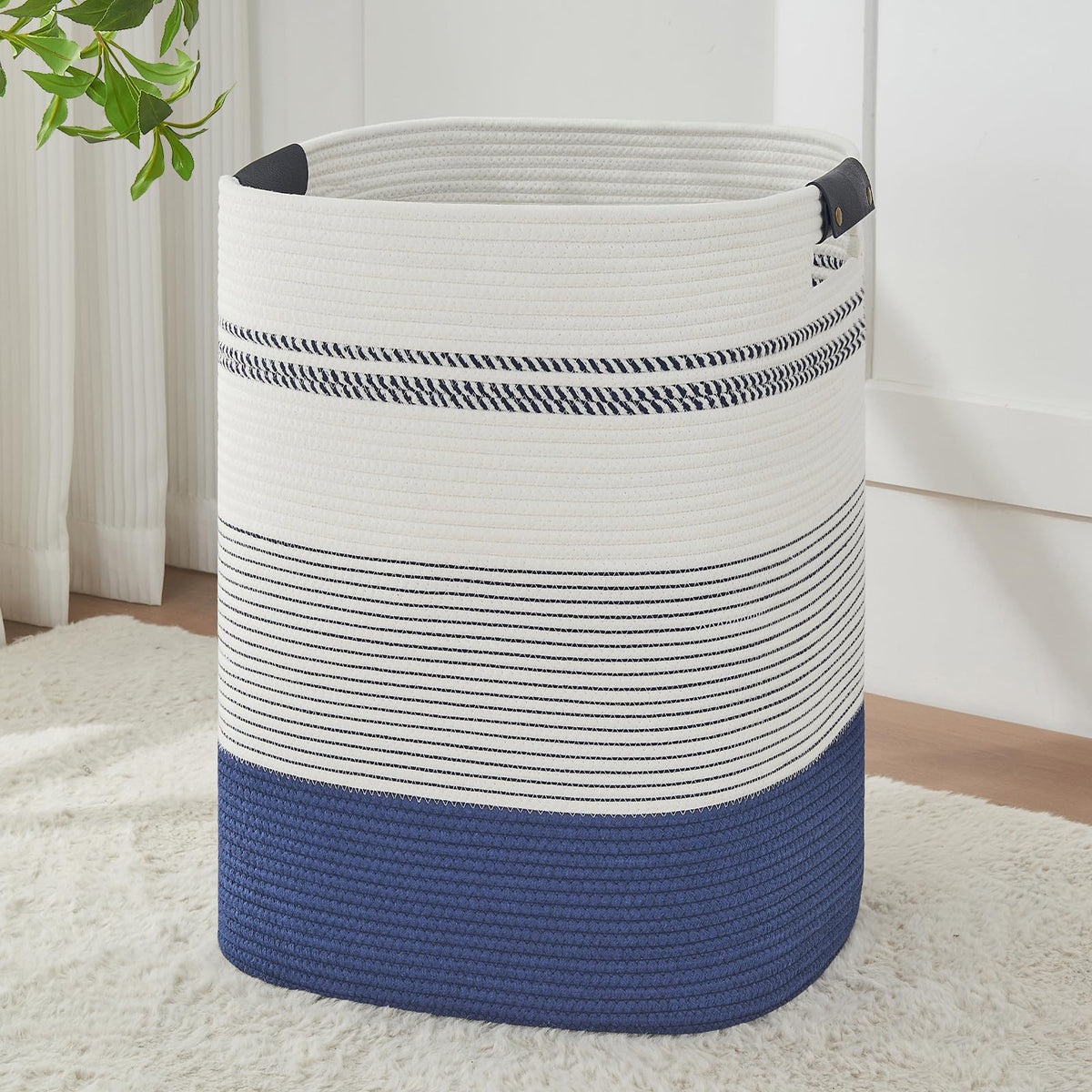 AINUOQI laundry basket with tall leather handles in dark blue and white for easy transport