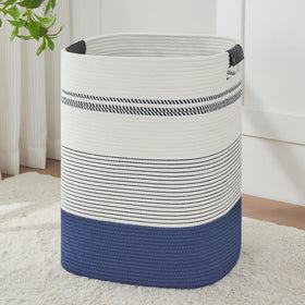 AINUOQI laundry basket with tall leather handles in dark blue and white for easy transport