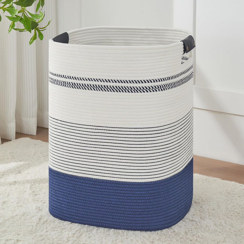 AINUOQI laundry basket with tall leather handles in dark blue and white for easy transport