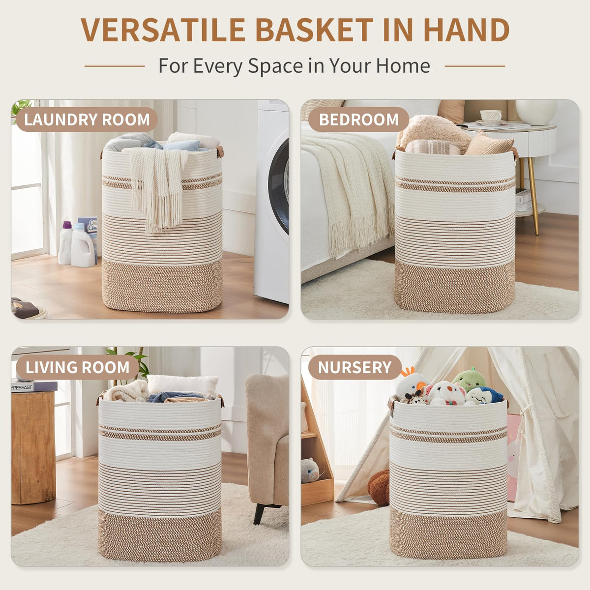 AINUOQI tall cotton basket showcases generous capacity for blankets and laundry