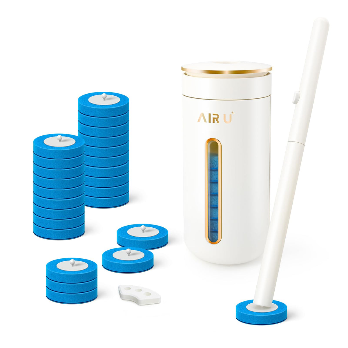 Air U+ wall-mounted disposable brush kit for space-saving cleaning.