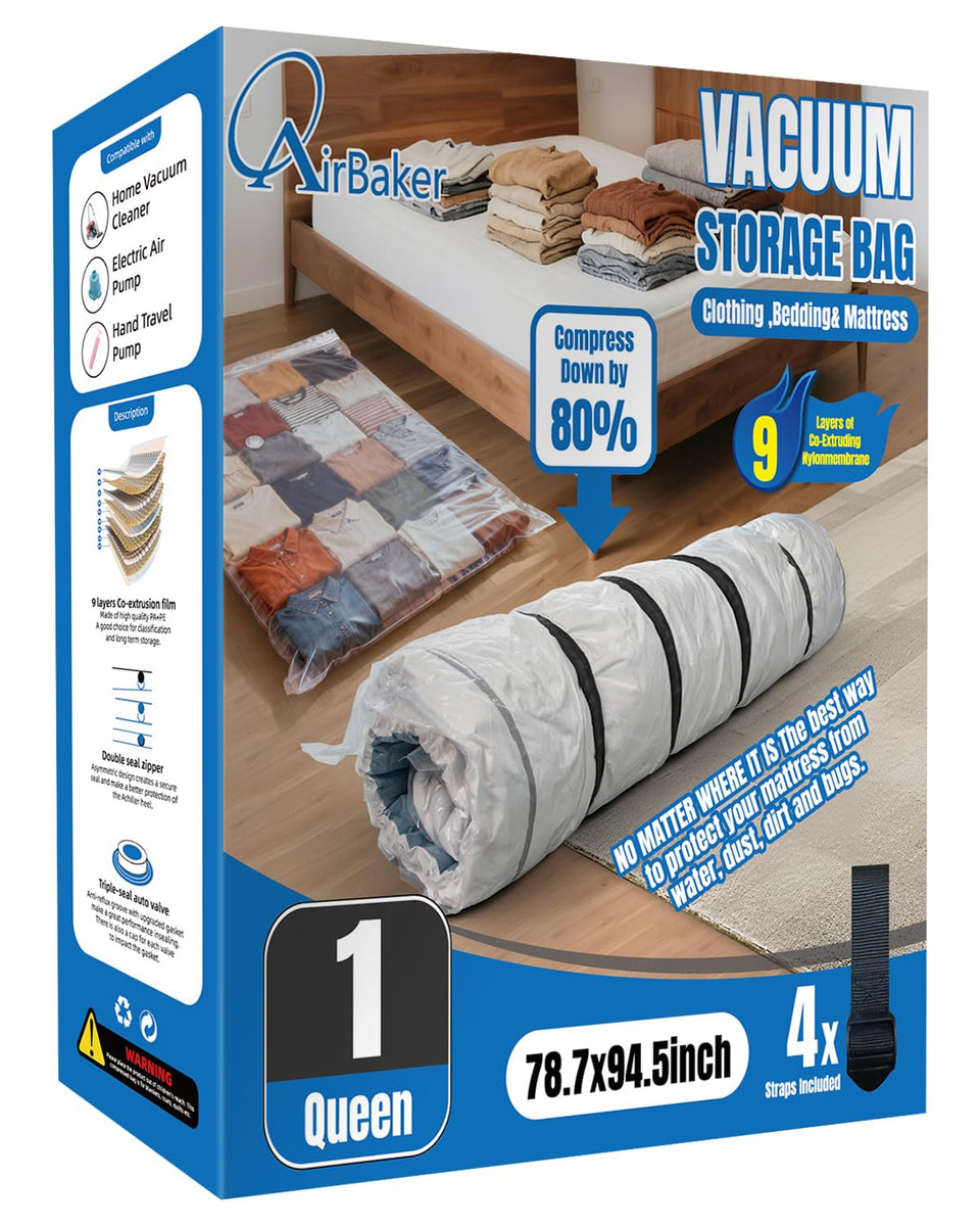 AirBaker mattress vacuum bag in queen size for compact storage and dust protection.