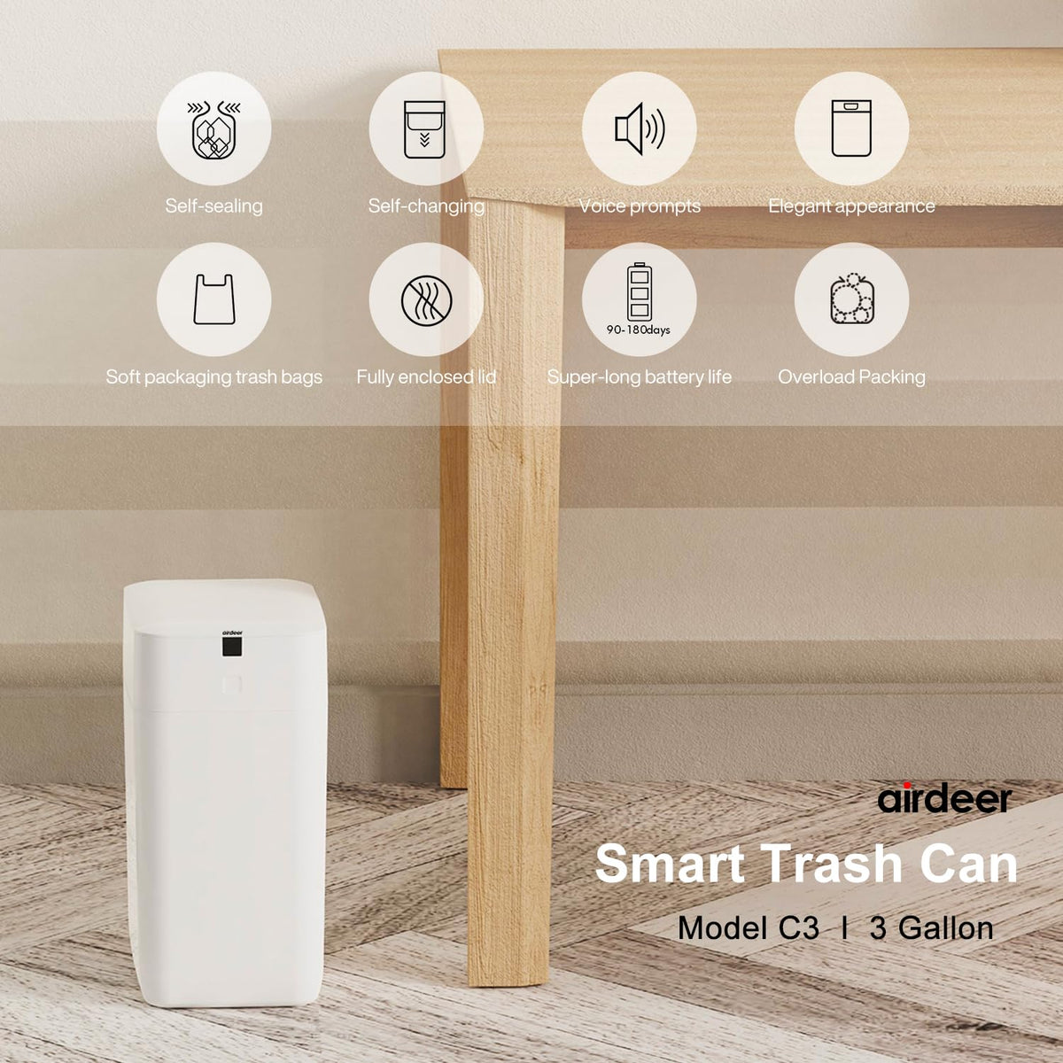 Airdeer motion-sensor lid opens with a wave for touchless disposal.