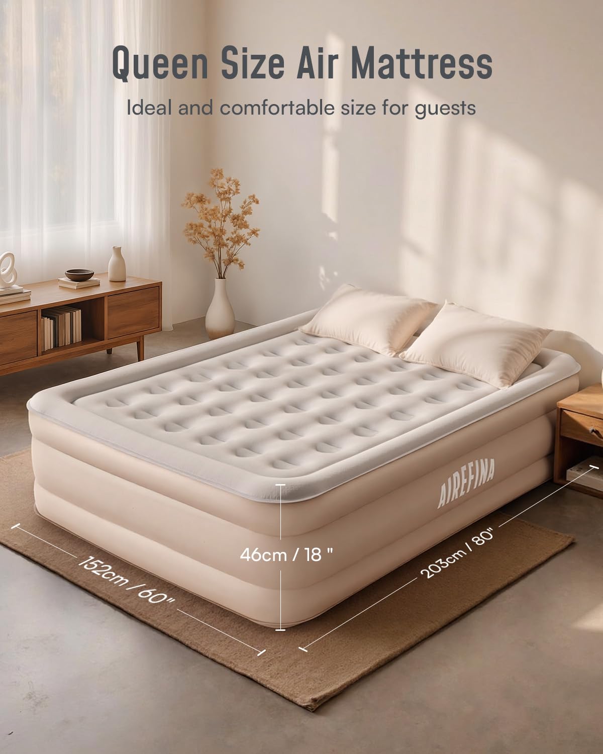 Airefina queen mattress with compact deflated pack and dimensions 80x60x18