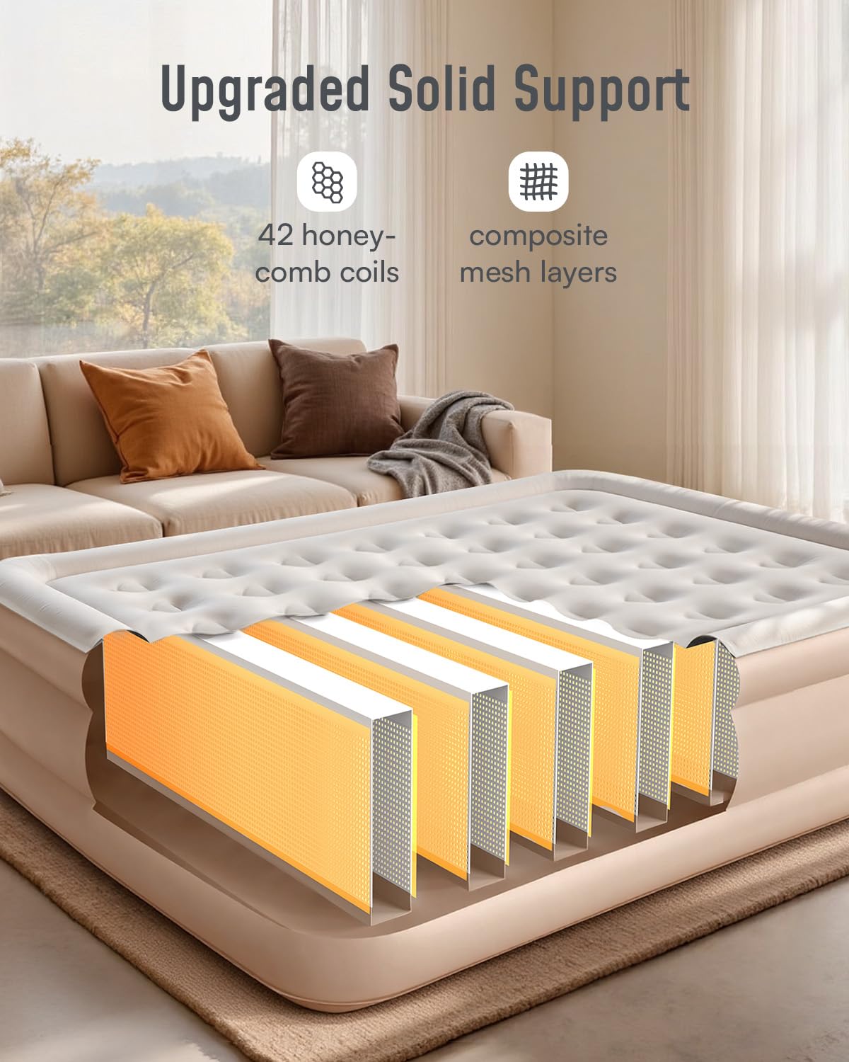 Airefina queen mattress showing honeycomb coil support for stability