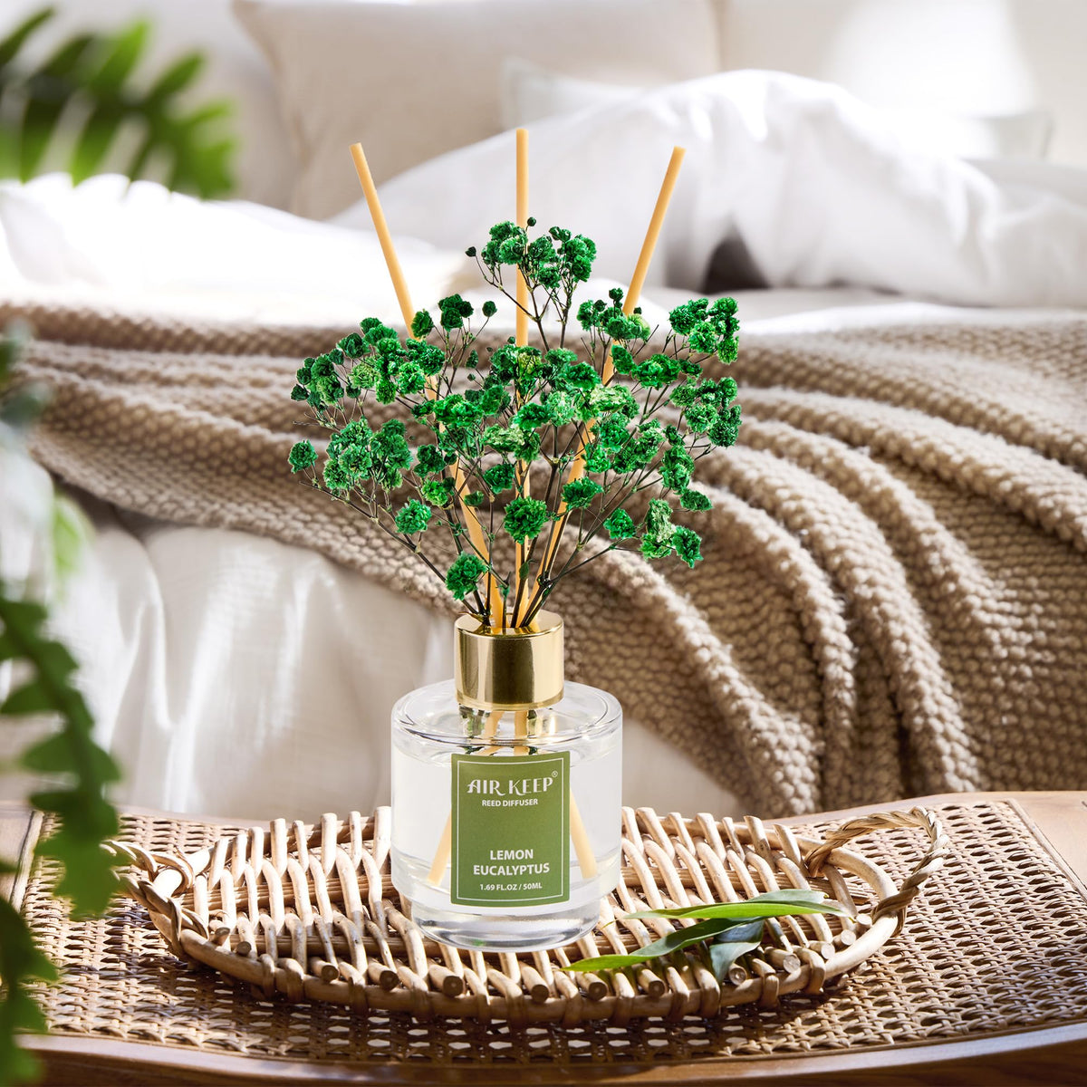 Airkeep preserved flowers accenting diffuser set on a shelf