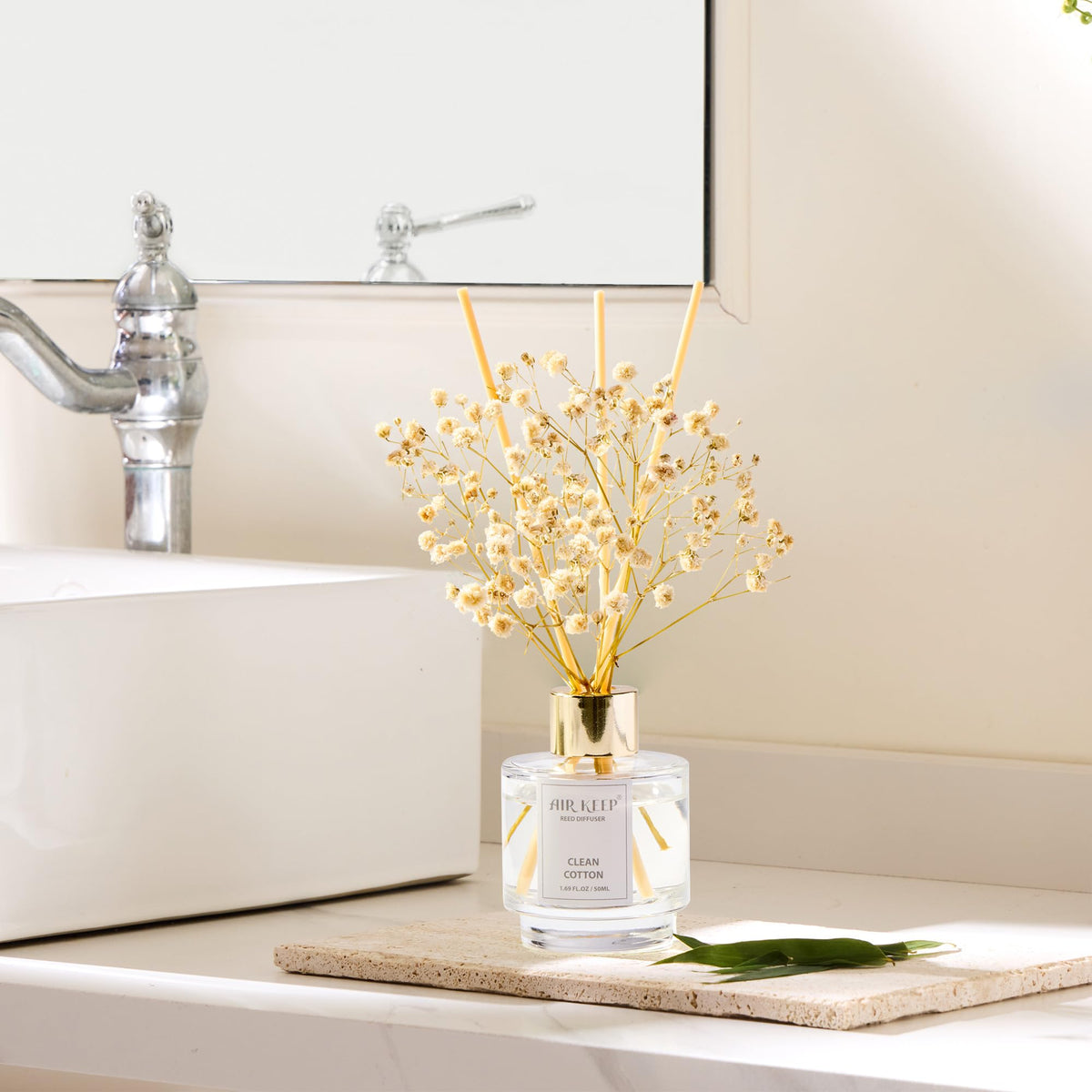 Airkeep reed diffuser showing three fragrances for mood and ambience