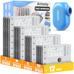 Airlocky travel vacuum bags 12-pack with pump keeps clothes compact for flights and trips