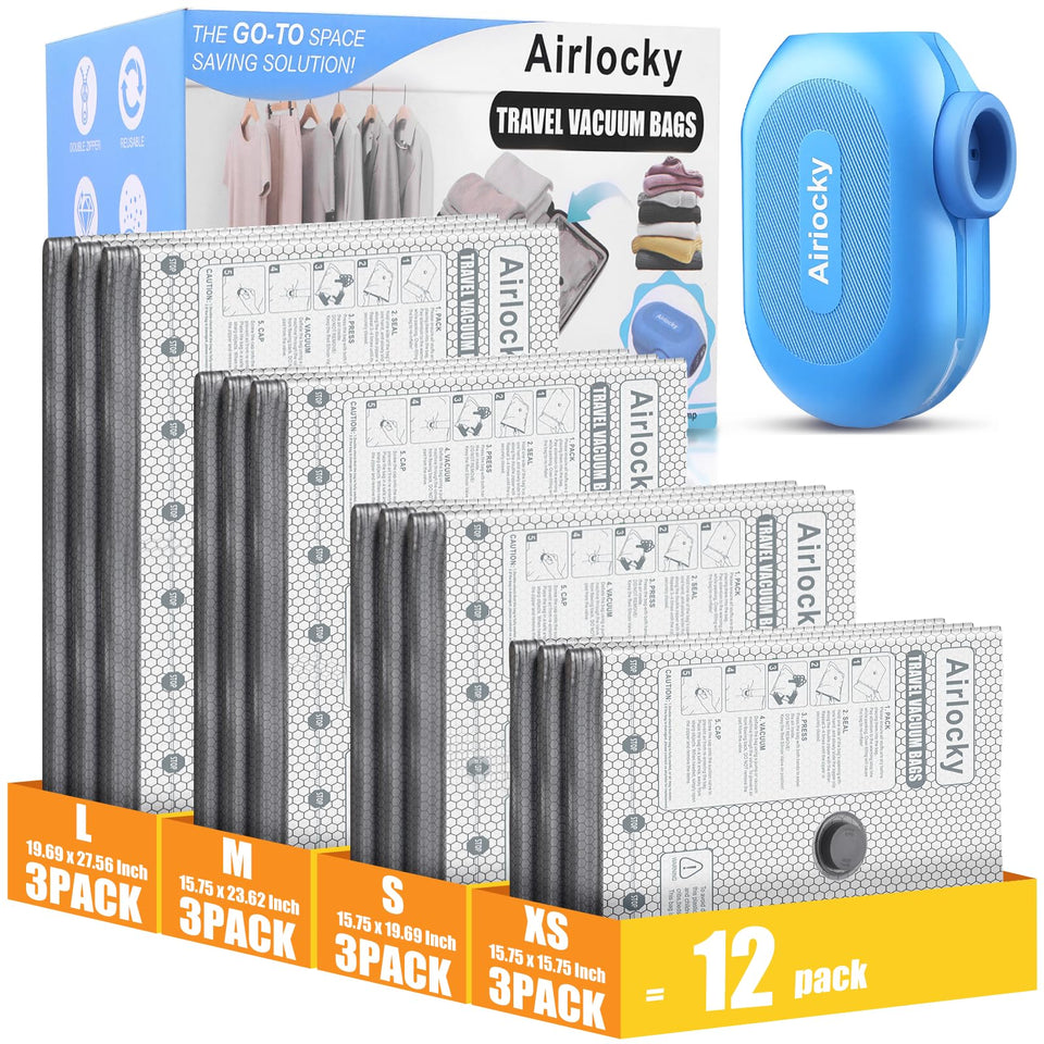 Airlocky travel vacuum bags 12-pack with pump keeps clothes compact for flights and trips