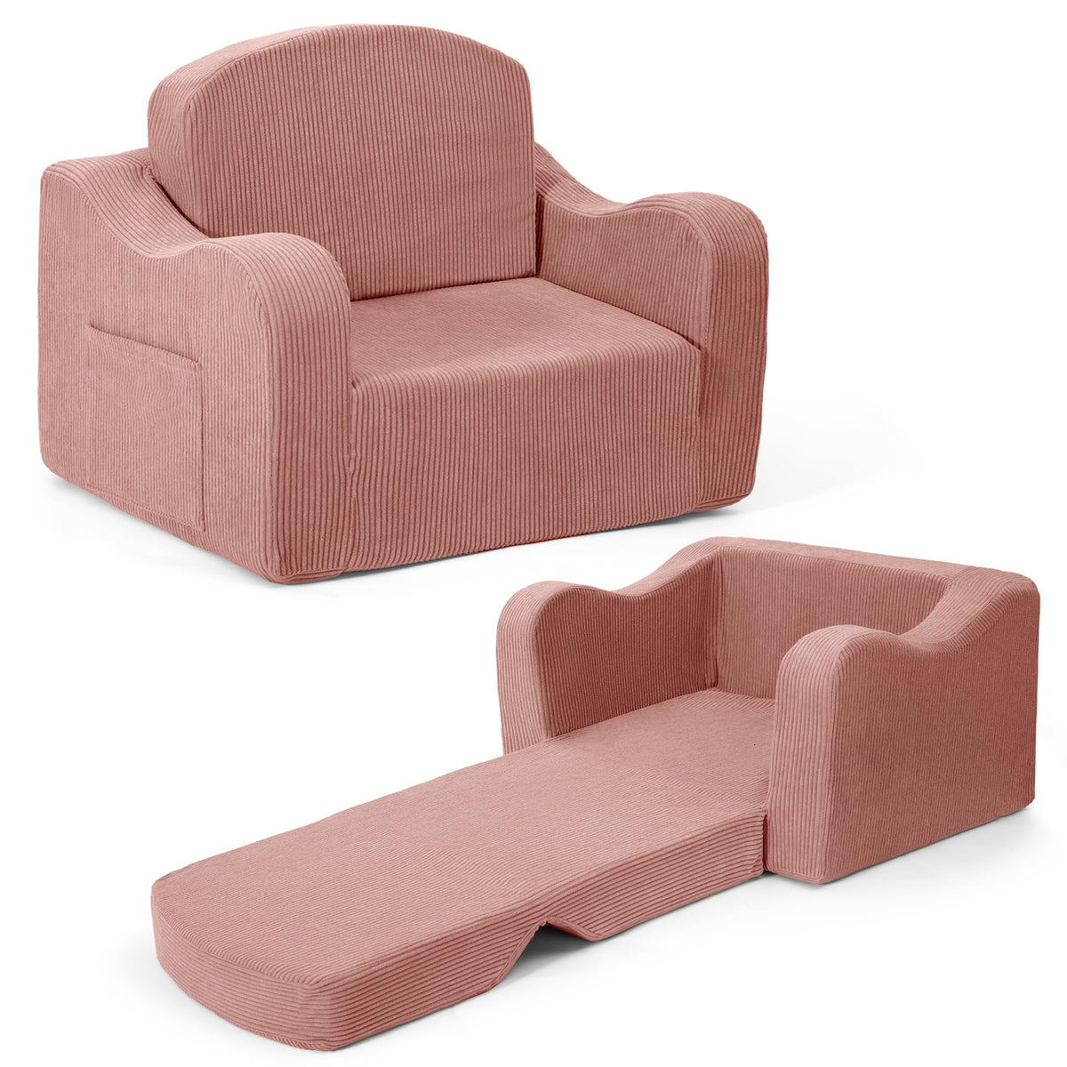 Airpanda Comfy Toddler Chair fold-out couch in pink, perfect for reading and lounging.