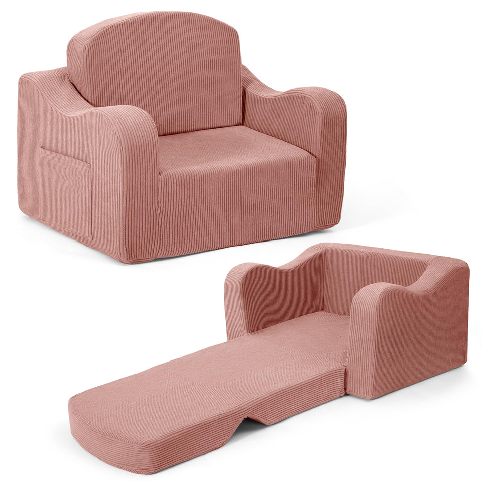 Airpanda Comfy Toddler Chair fold-out couch in pink, perfect for reading and lounging.