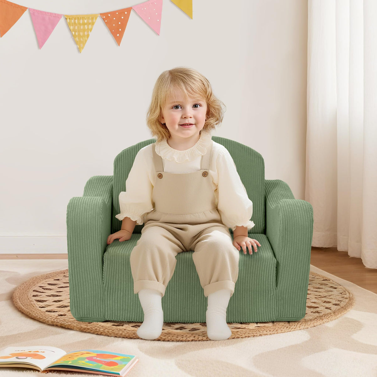 Airpanda Comfy Toddler Chair green color closeup inviting calm reading