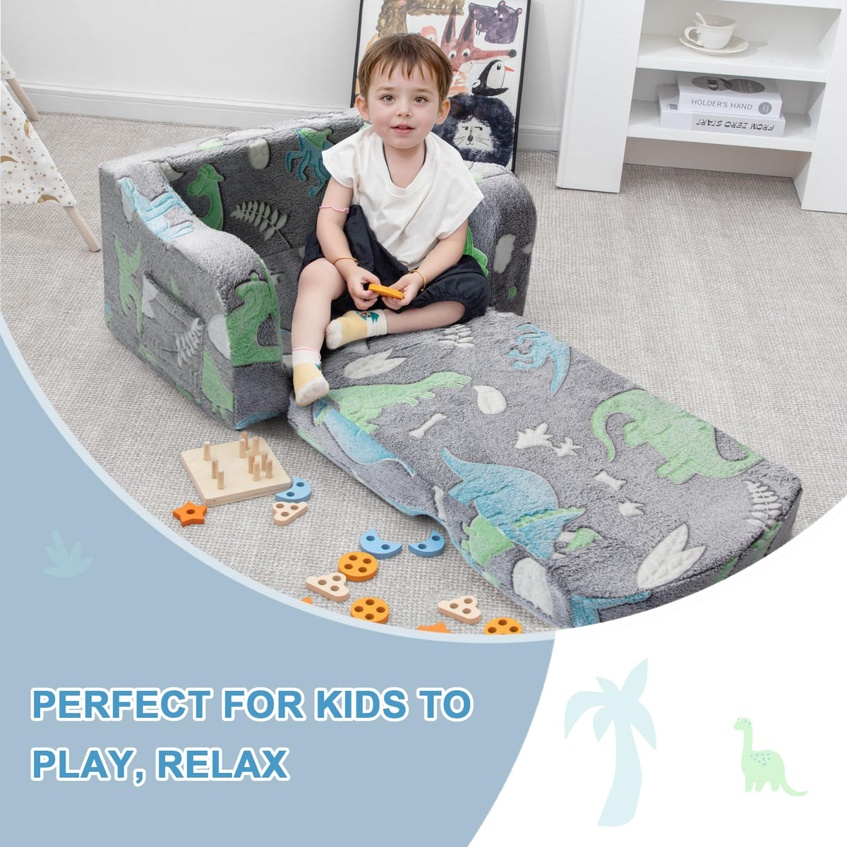 Airpanda toddler chair with side pockets keeps books and toys nearby.