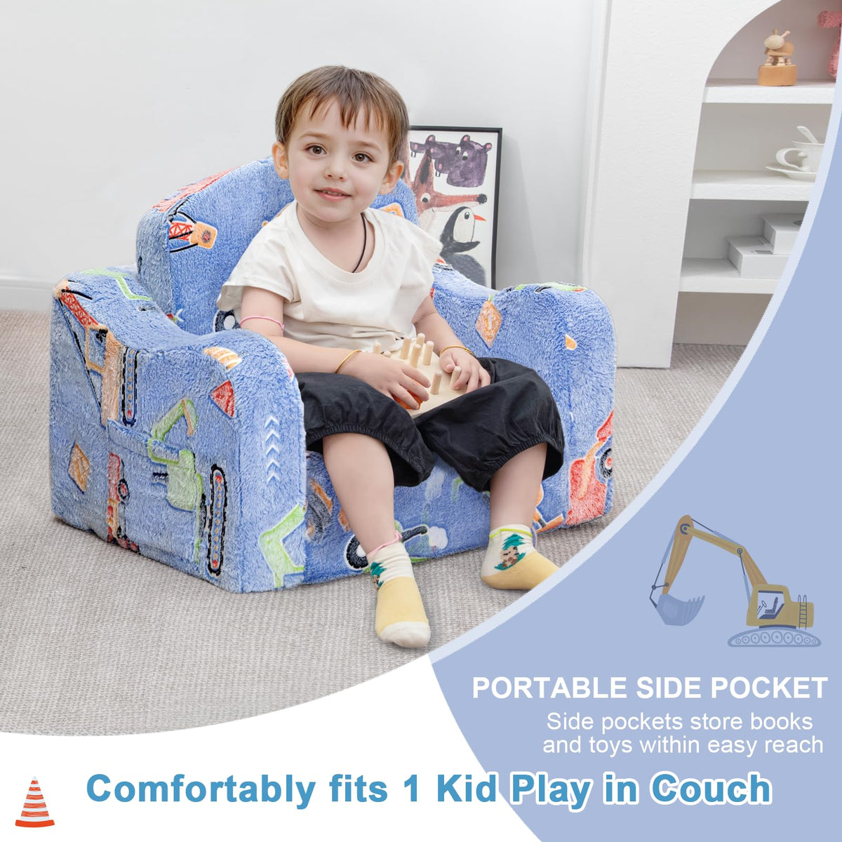 Airpanda toddler chair side pockets keep books and toys within reach.