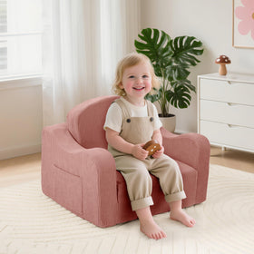 Airpanda toddler couch in pink with side pockets for easy toy storage.