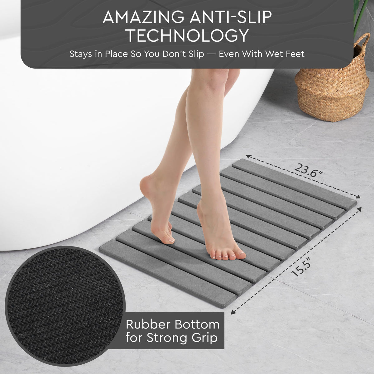 Airviv diatomaceous earth bath mat absorbs water on contact for quick drying.