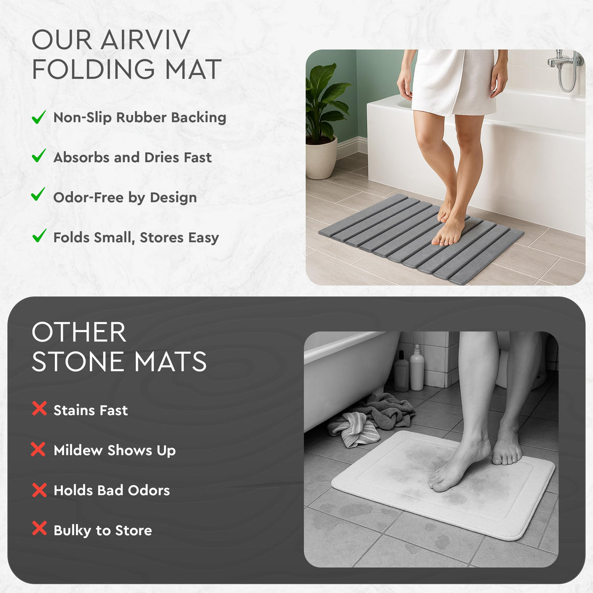 Airviv foldable stone bath mat folded for compact storage in cabinet.