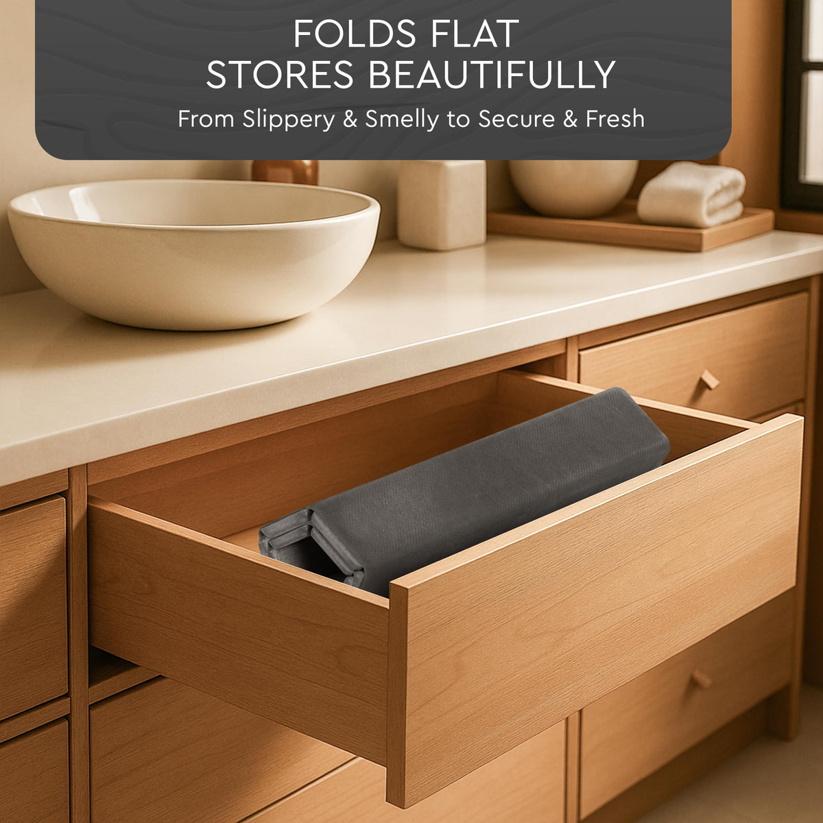 Airviv stone texture bath mat beside tub for a spa-like feel.