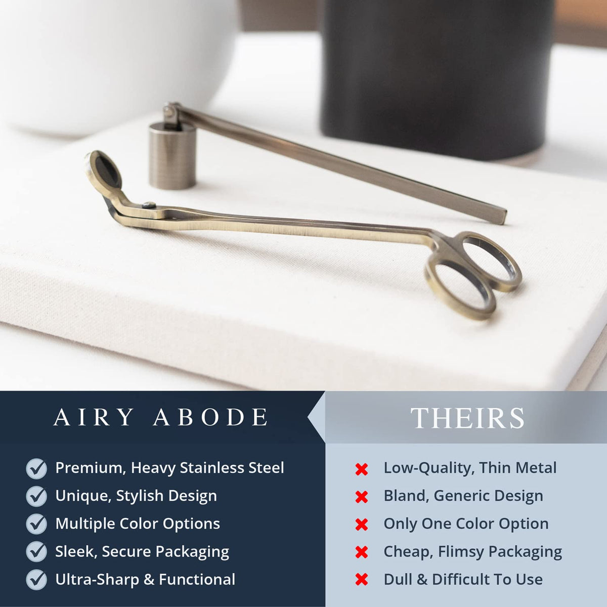 Airy Abode wick-trimmer in gold delivers durable candle care for your space.