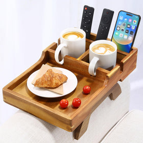 AISONGDONG Acacia arm tray resting over sofa, creating a convenient surface
