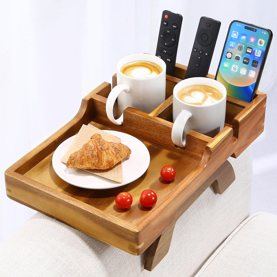 AISONGDONG Acacia arm tray resting over sofa, creating a convenient surface