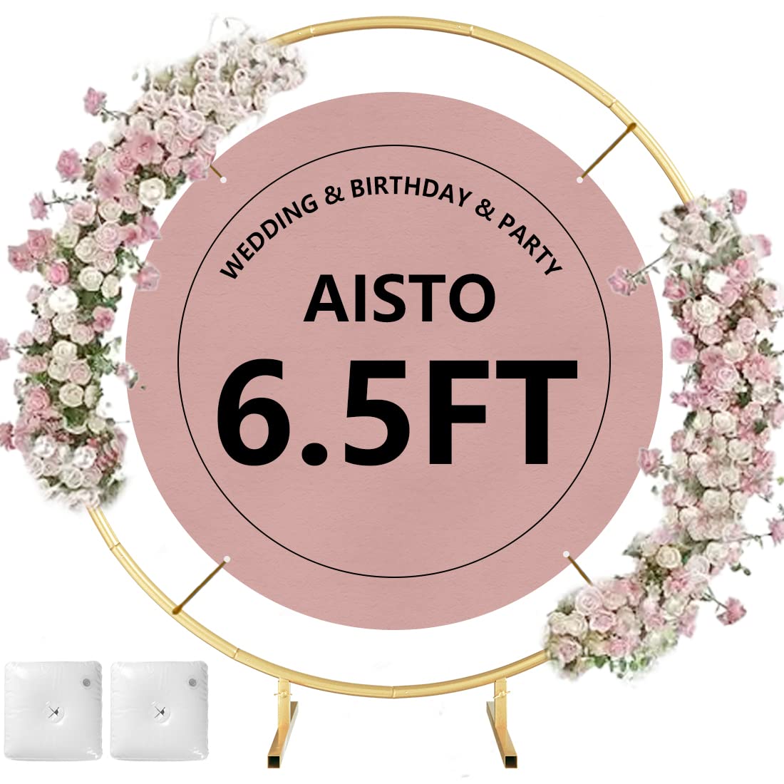 Aisto round backdrop stand arch with golden frame for weddings and events.