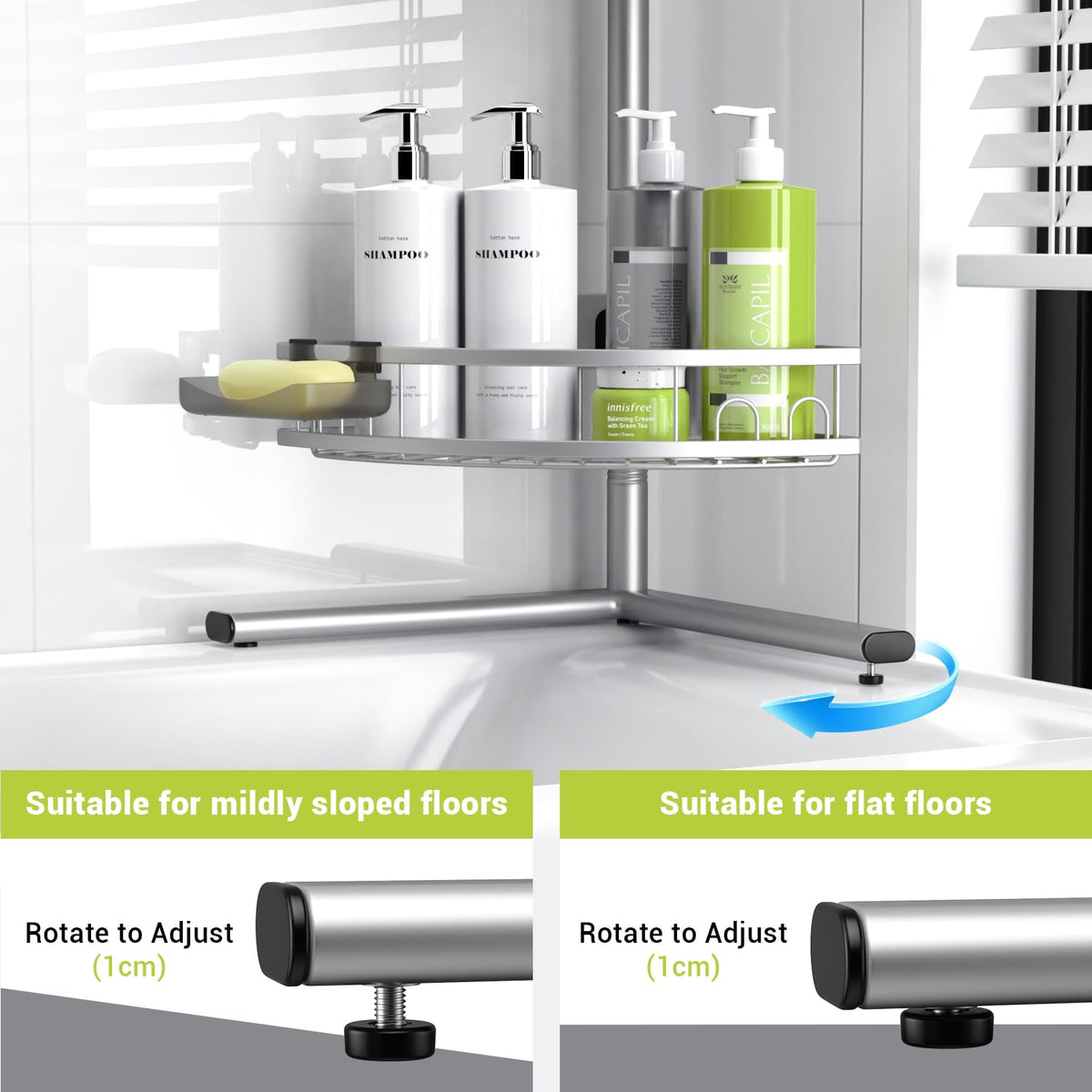 Aitatty adjustable-height baskets fit tall bottles and adapt to shared bathrooms.