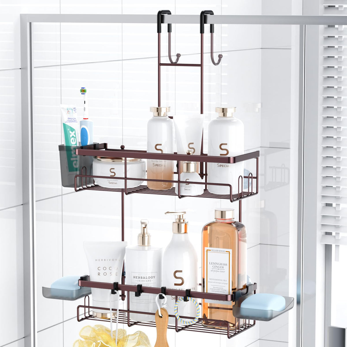 Aitatty bronze over-the-door shower caddy mounted on door for clutter-free bathroom.
