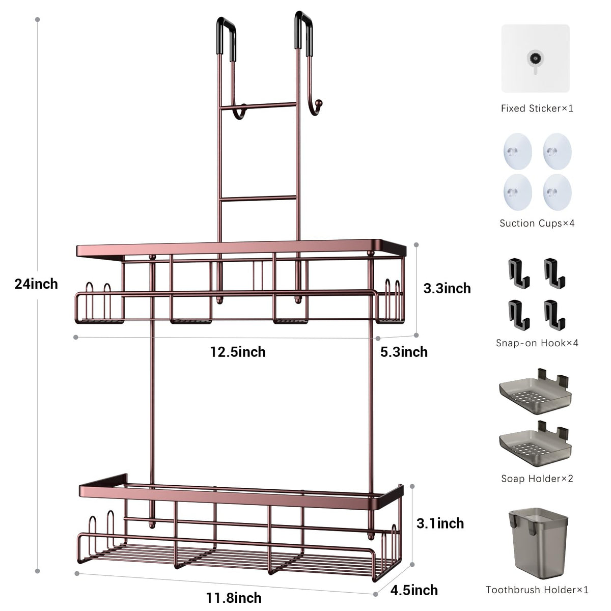Aitatty bronze over-the-door shower caddy organized items neatly.