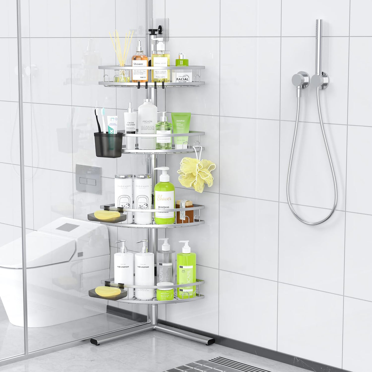 Aitatty corner placement demonstrates compact storage in tight bathrooms.