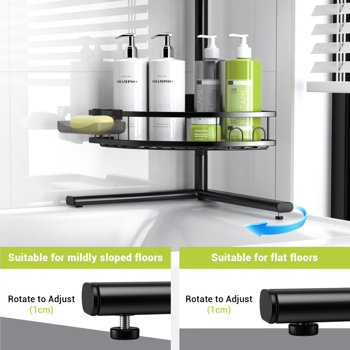 Aitatty corner shower caddy standing with adjustable baskets for tall bottles.