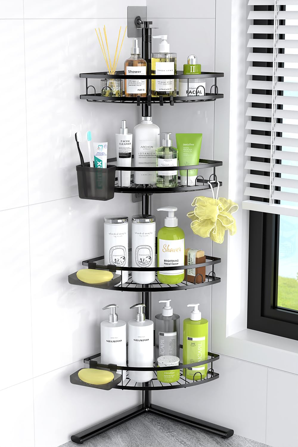 Aitatty corner shower caddy standing during assembly for quick setup in a tidy bathroom.